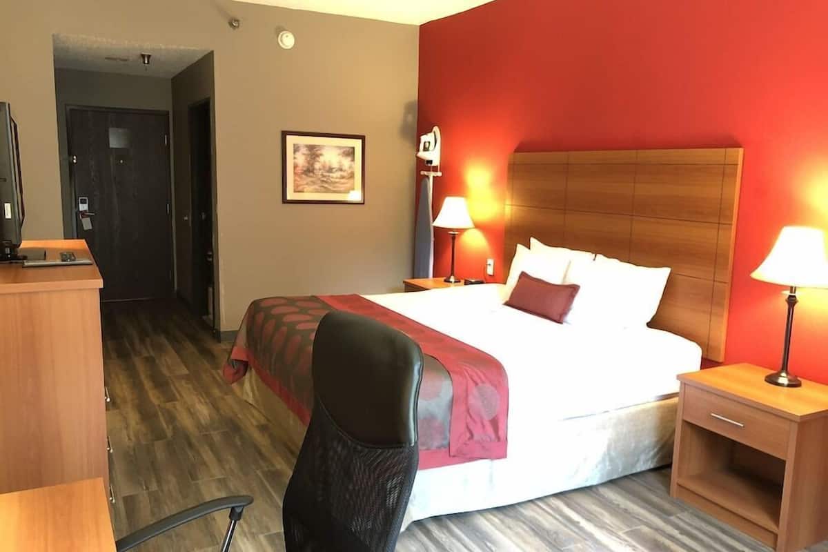 Una habitación de hotel con una cama, mesitas de noche, un escritorio, una silla y una puerta.