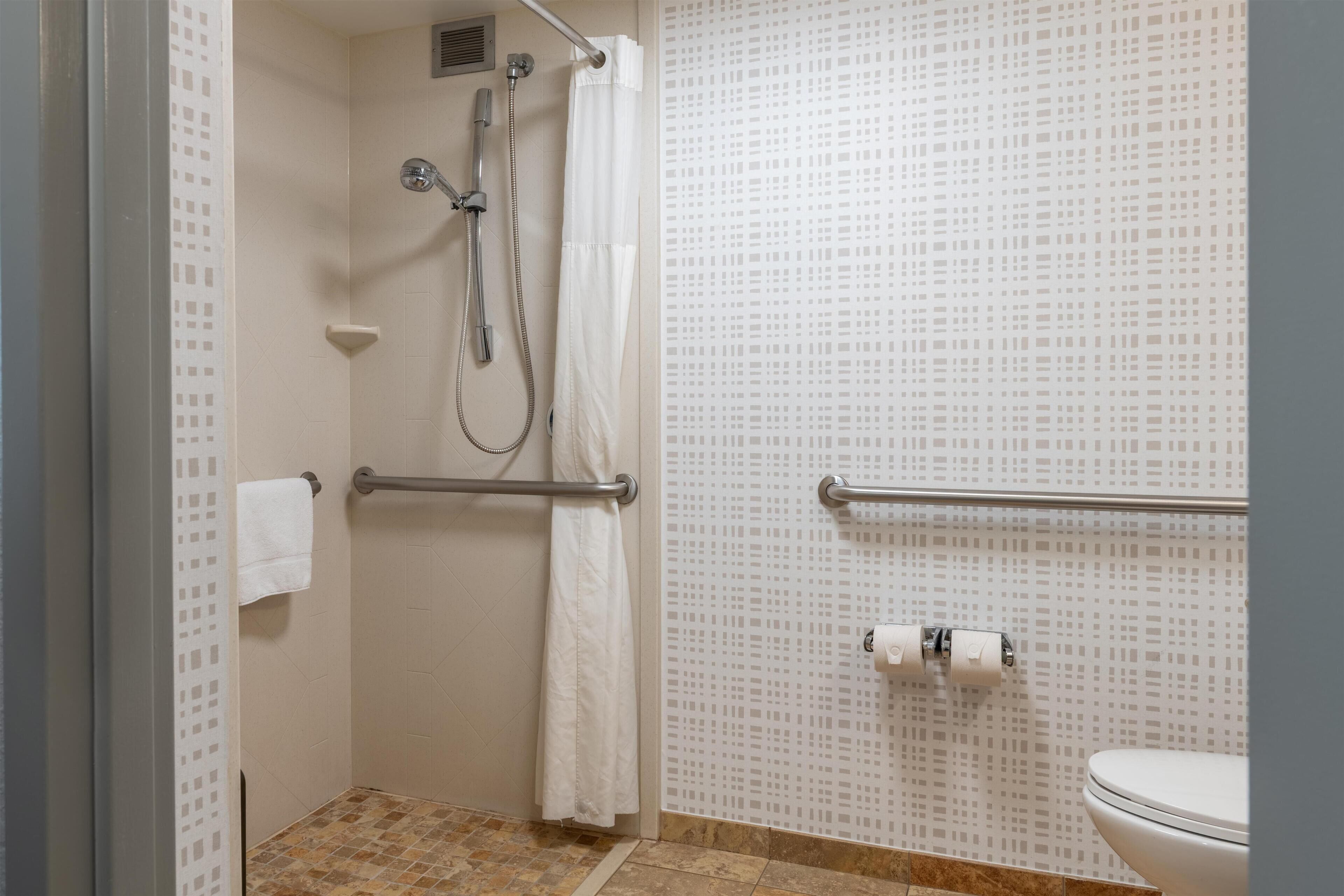 A bathroom with a shower, toilet, and grab bars.