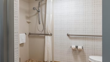 A bathroom with a shower, toilet, and grab bars.