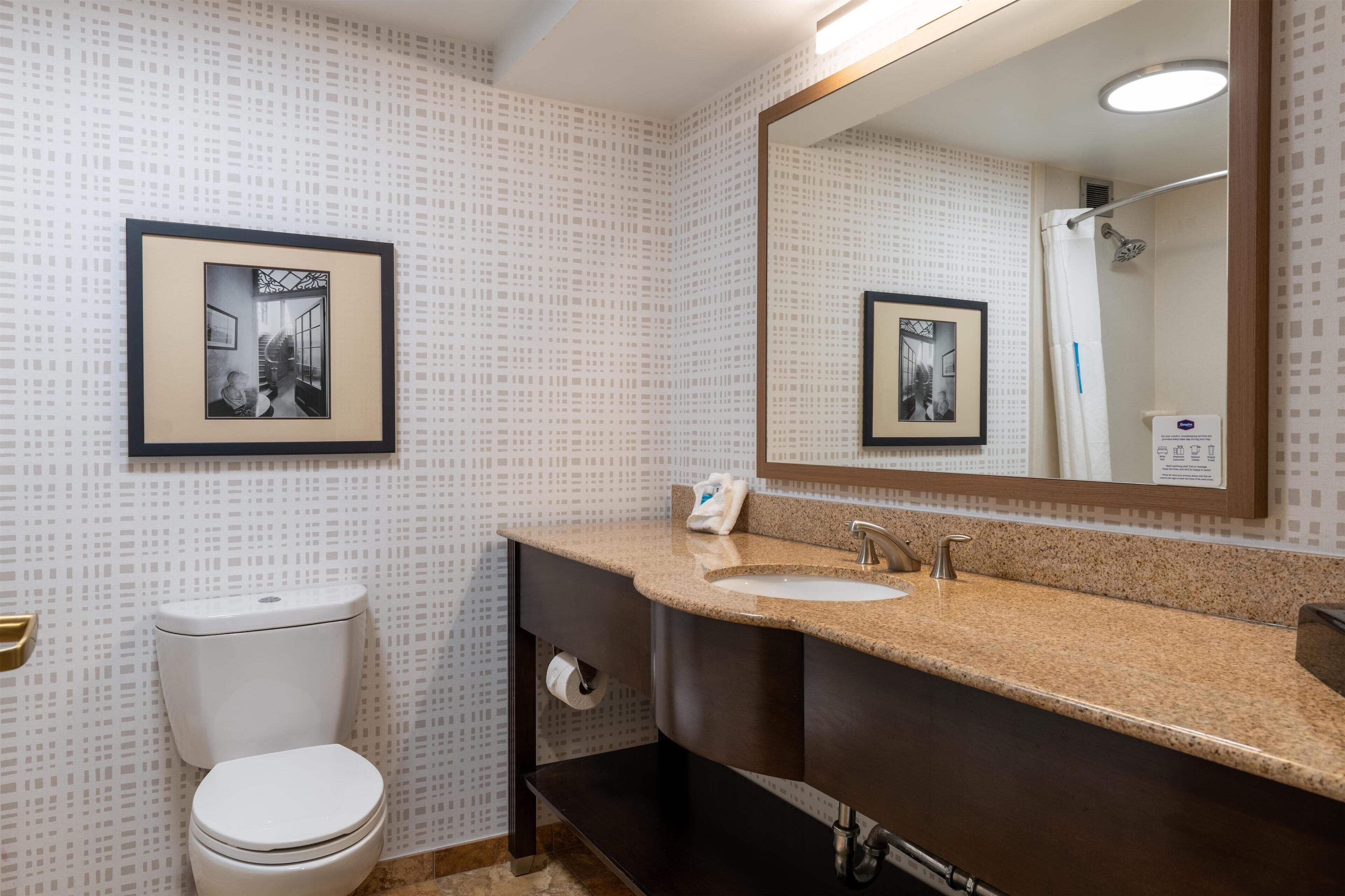 Een badkamer met toilet, wastafel en spiegel.