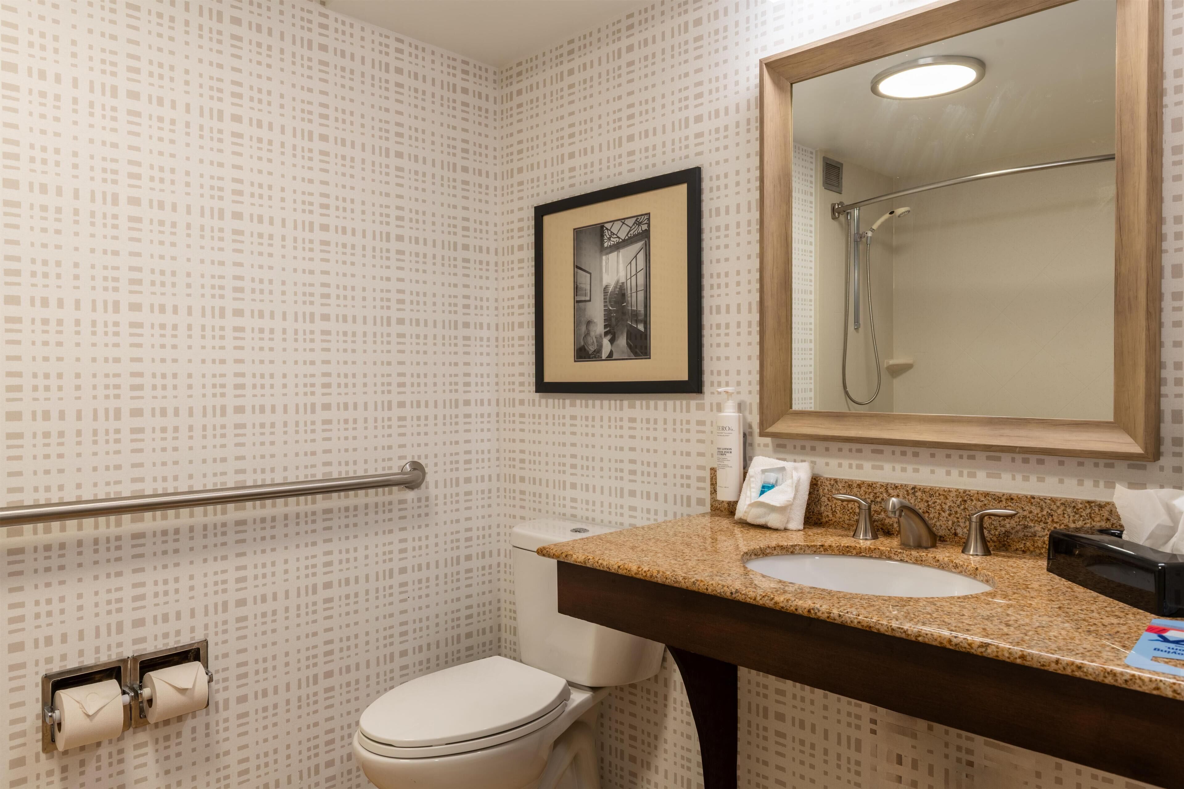 A bathroom with a patterned wall, a framed picture, a sink with a mirror, a shower, and a toilet.