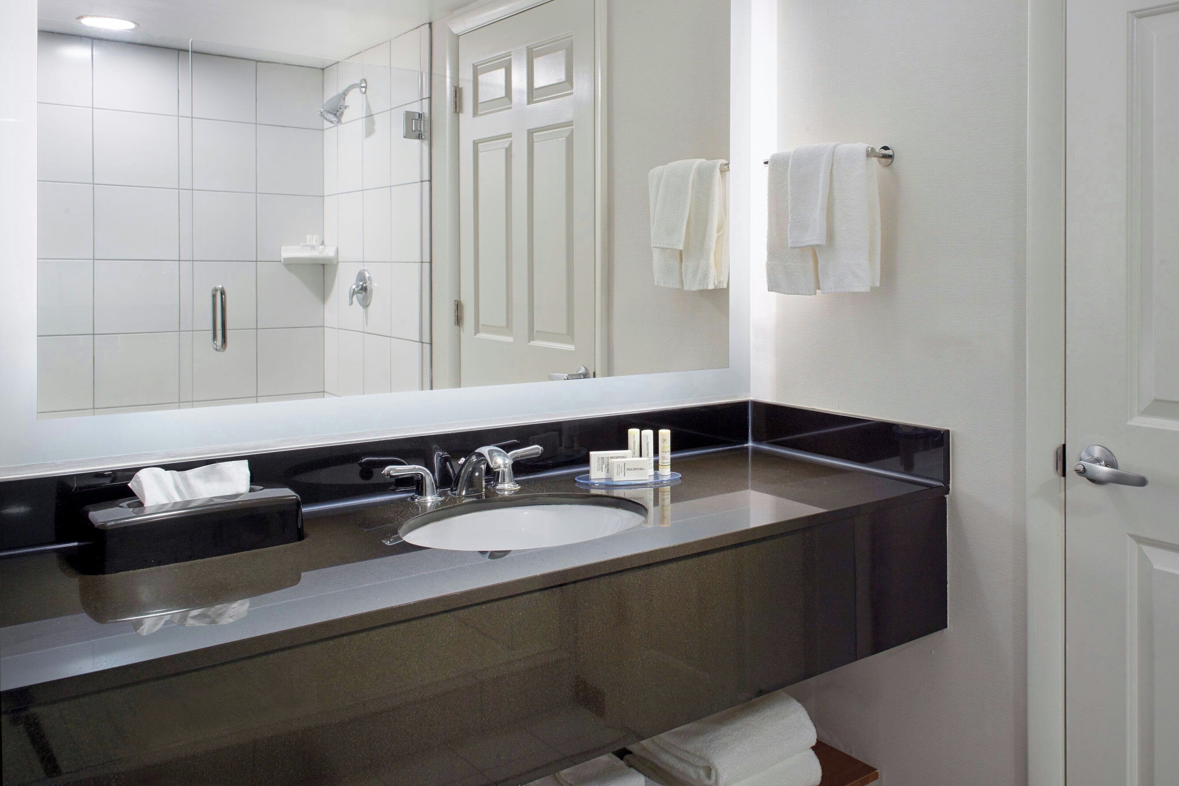 combined shower/bathtub, free toiletries, hair dryer, towels