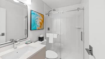 Combined shower/tub, free toiletries, hair dryer, towels