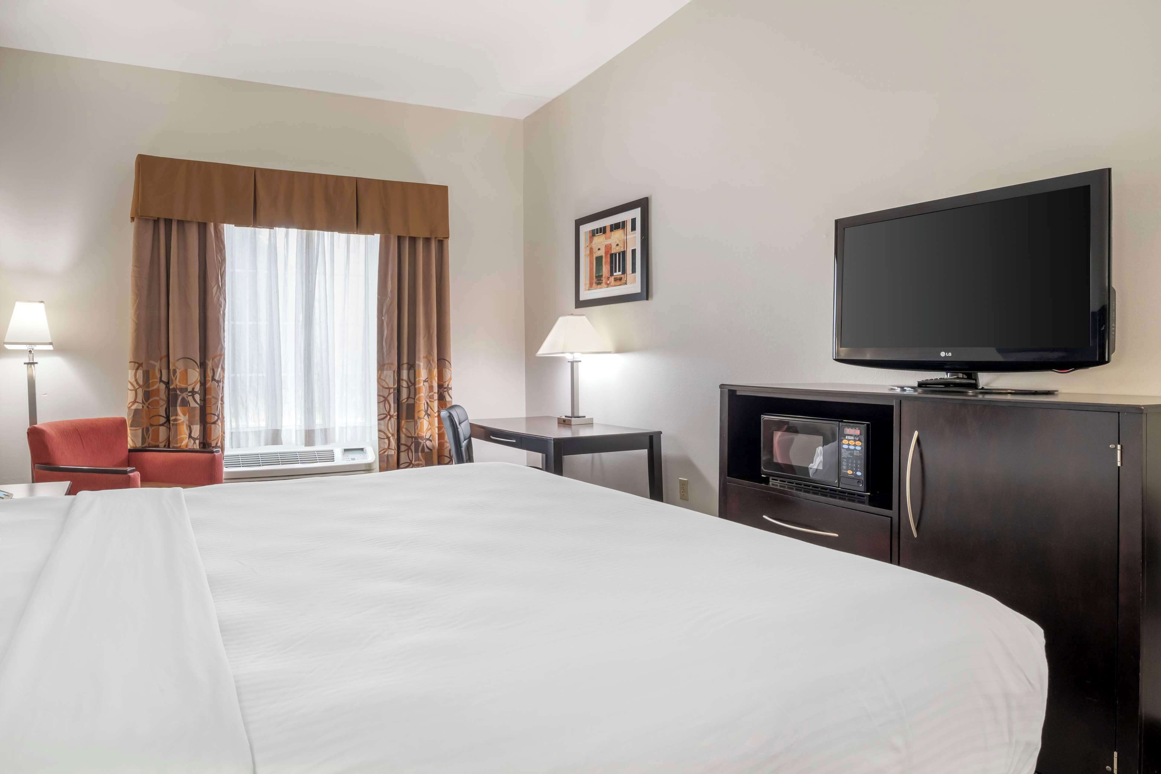 A hotel room with a large bed, a television, a desk with a lamp, a chair, a microwave, and a cabinet.