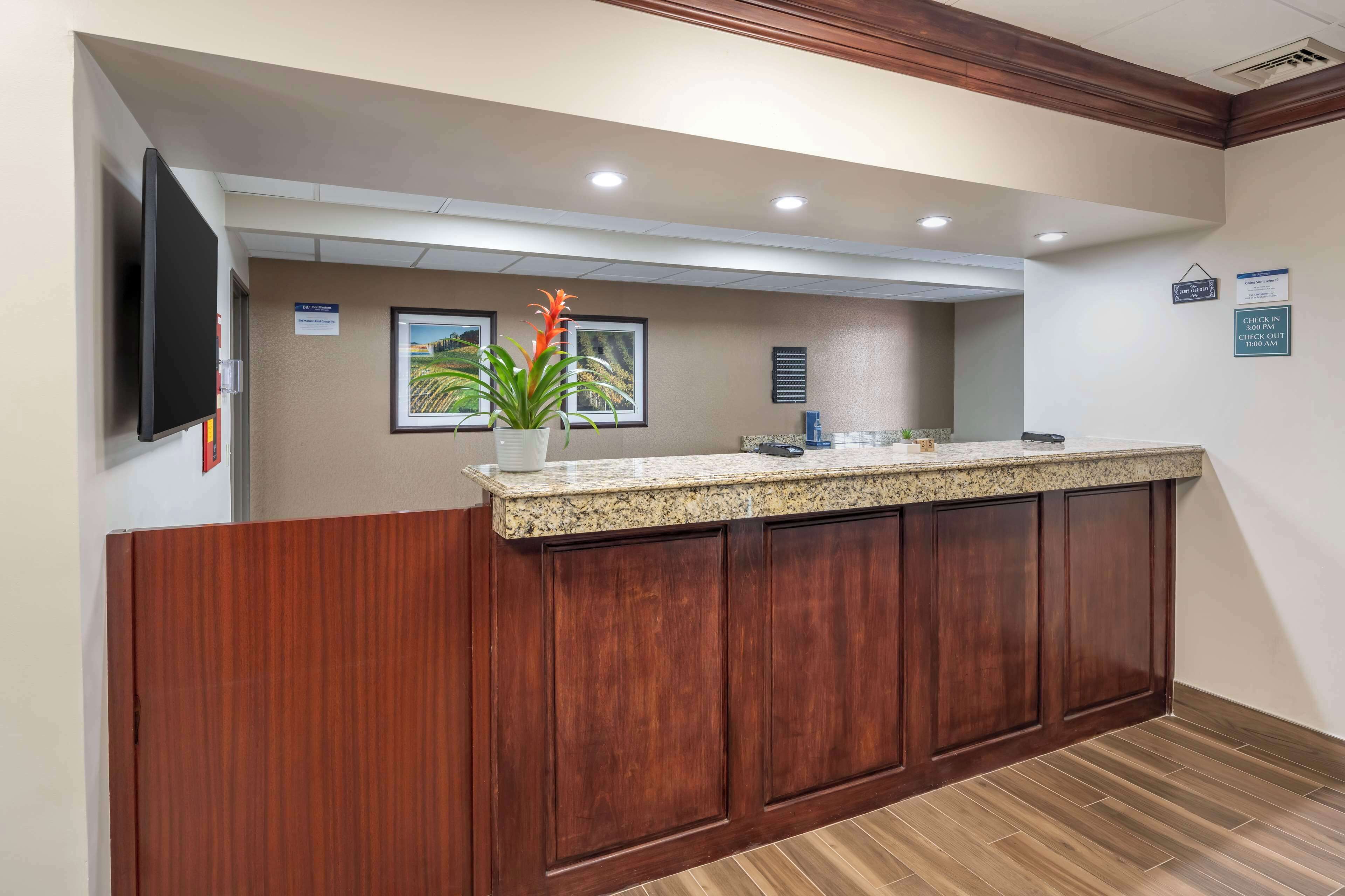 A reception area with a wooden reception desk, a television mounted on the wall, and a potted plant.