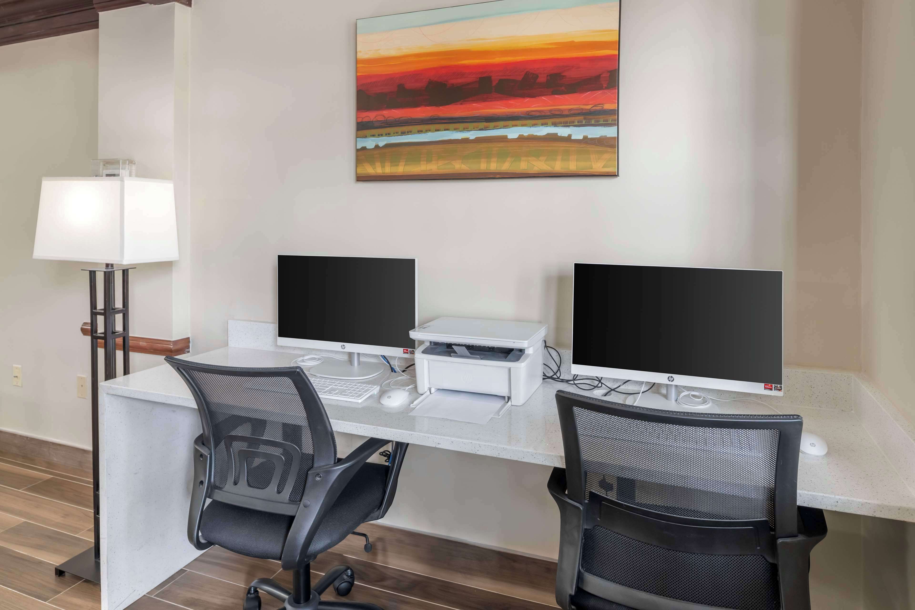 Een werkruimte met twee bureaus, elk met een computermonitor, toetsenbord en muis. Op één bureau staat een printer, en op de andere een lamp. Aan de muur boven de bureaus hangt een schilderij van een zonsondergang.