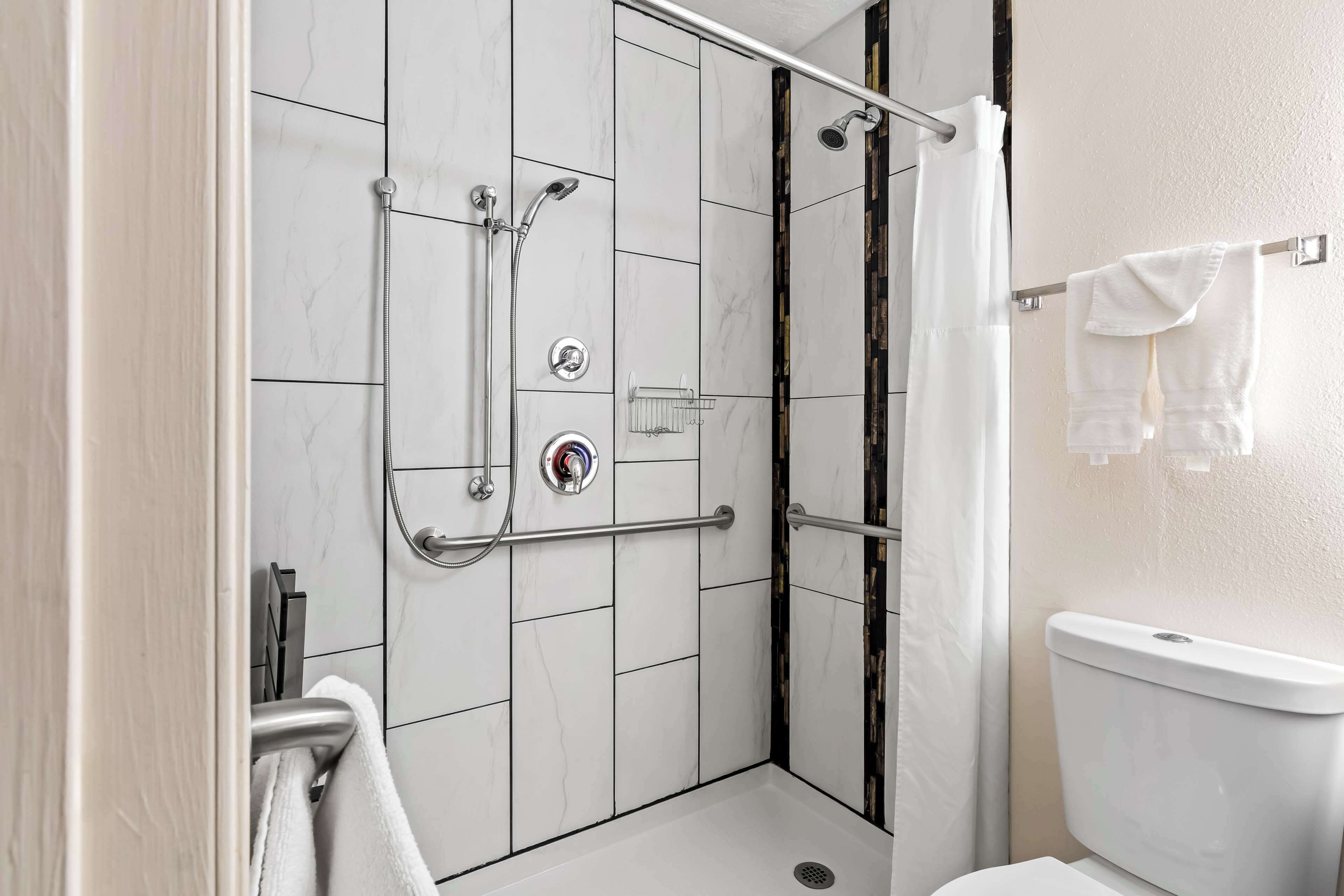 A modern bathroom with a walk-in shower, a toilet, and a towel rack.