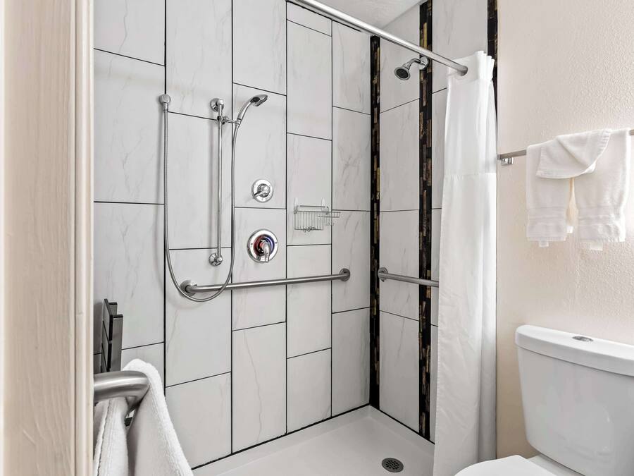A modern bathroom with a walk-in shower, a toilet, and a towel rack.