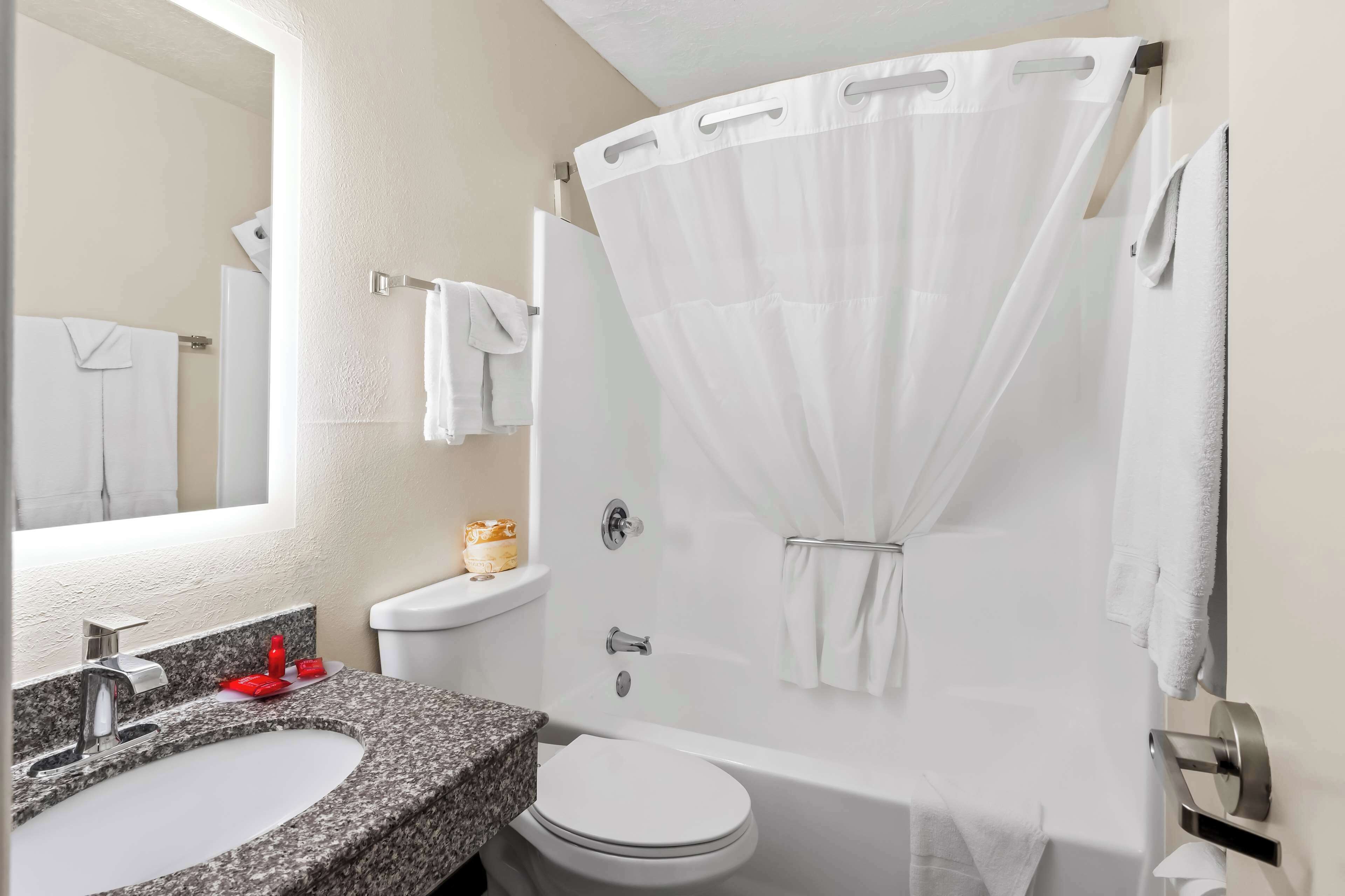 A bathroom with a granite countertop sink, a white toilet, a bathtub with a white shower curtain, and a mirror above the sink.