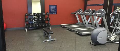 A gym with treadmills, a bench, and a rack of dumbbells.