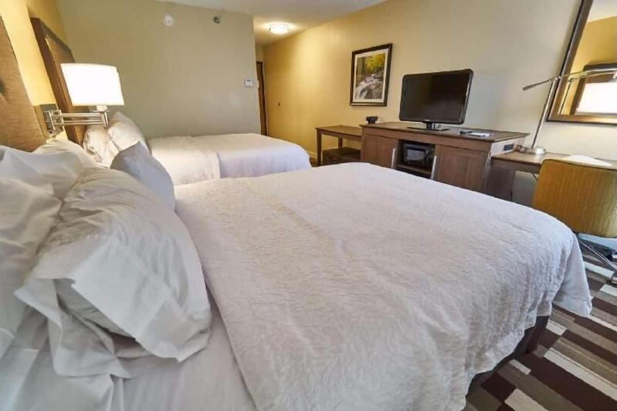 Una habitación de hotel con dos camas, un escritorio con computadora, televisor y lámpara.