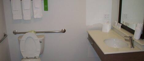 Une salle de bain équipée d’un WC, d’un lavabo, d’un miroir et d’un porte-serviettes avec des serviettes.