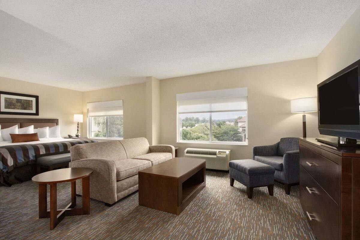 Quarto de hotel com cama, dois sofás, mesa de centro, televisão e uma janela grande.