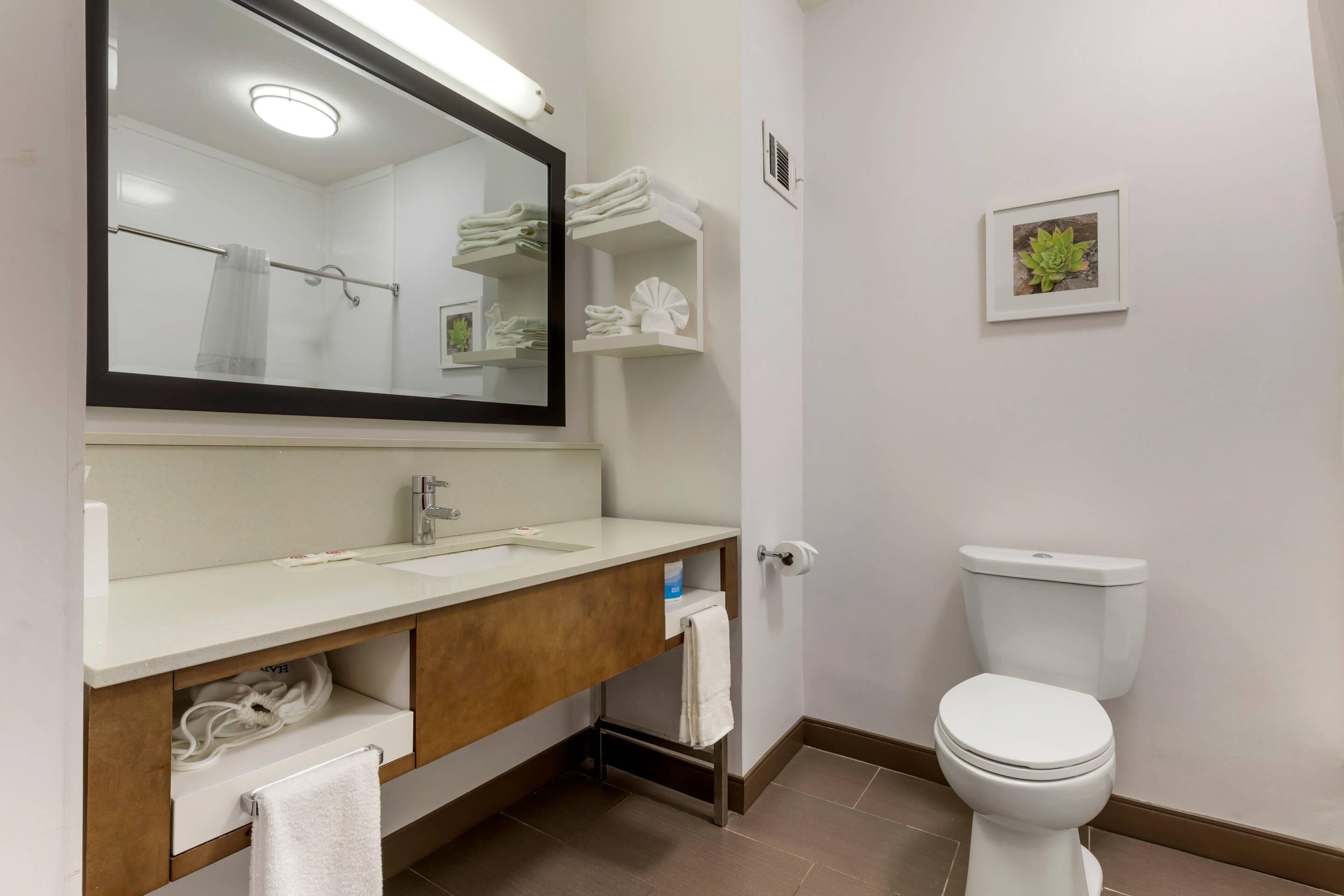 A bathroom with a white sink, mirror, and toilet. There are towels on the counter and shelves, and a framed picture on the wall.