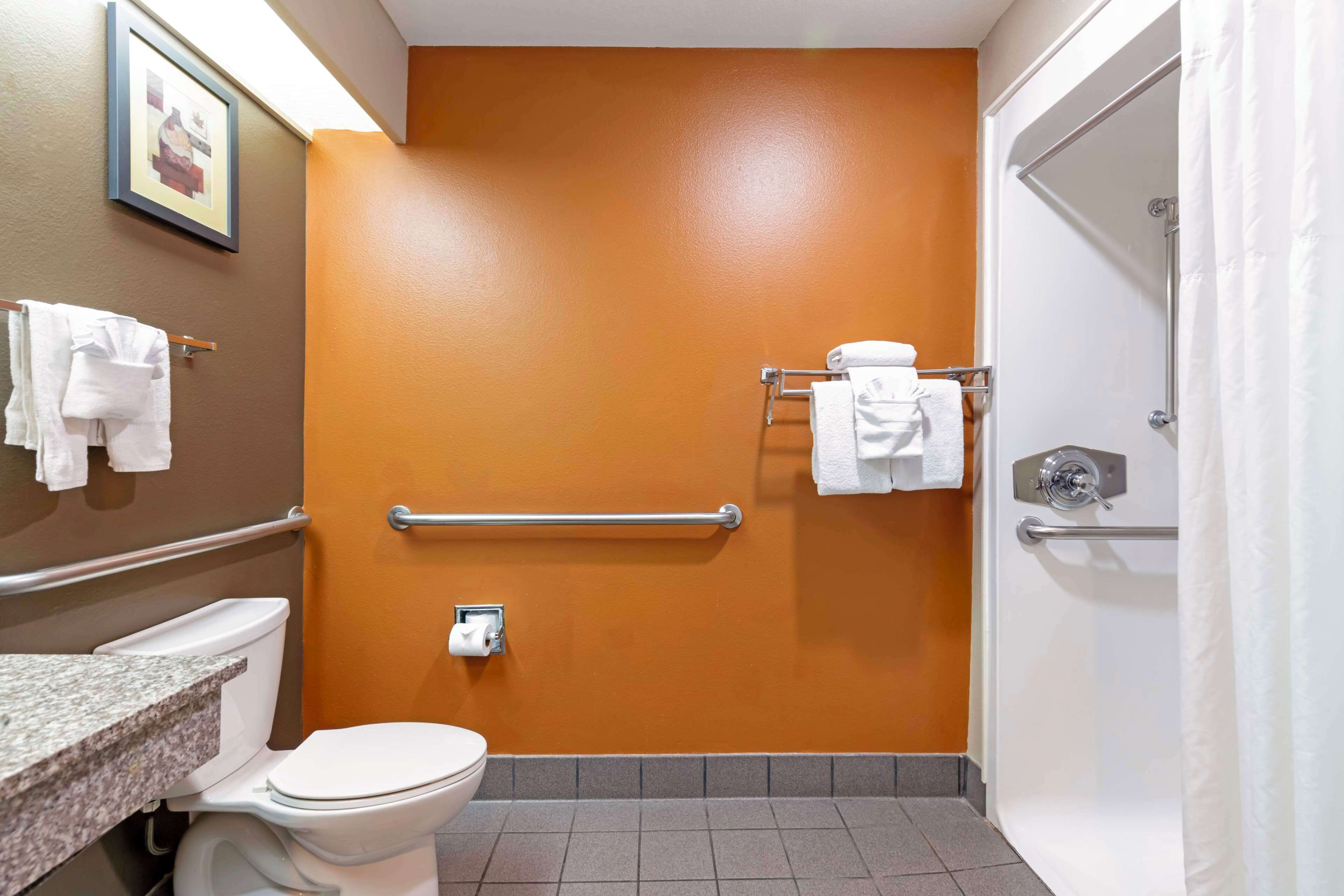 Une salle de bain comprenant des toilettes, un lavabo, un porte-serviettes et un espace douche.