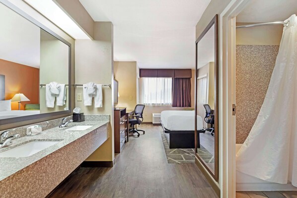 Pillow-top beds, desk, laptop workspace, blackout curtains