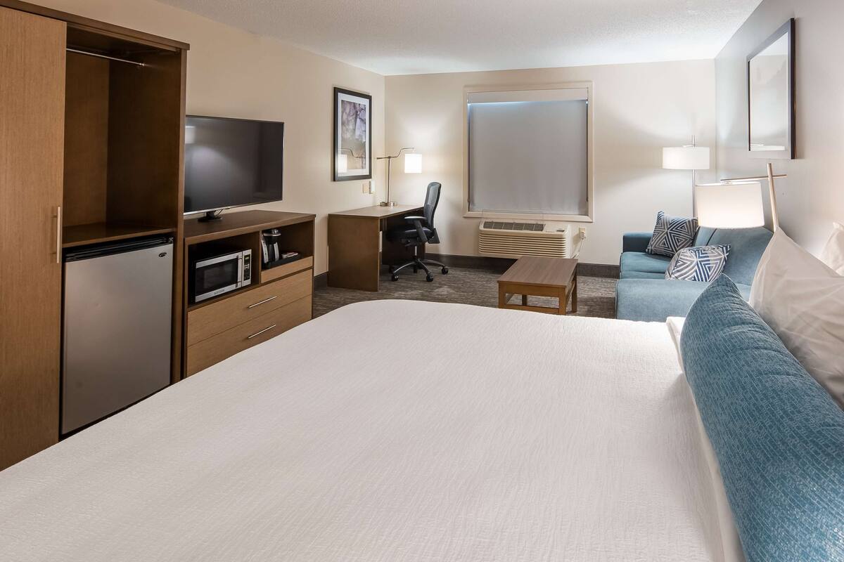 A hotel room with a large bed, a desk with a chair, a television, a microwave, and a window with blinds.
