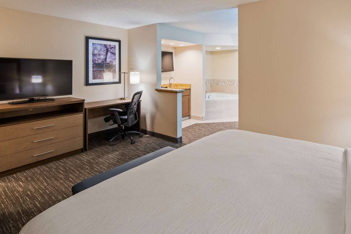 A hotel room with a bed, a desk with a chair, a television, a bathroom with a bathtub, and a framed picture on the wall.