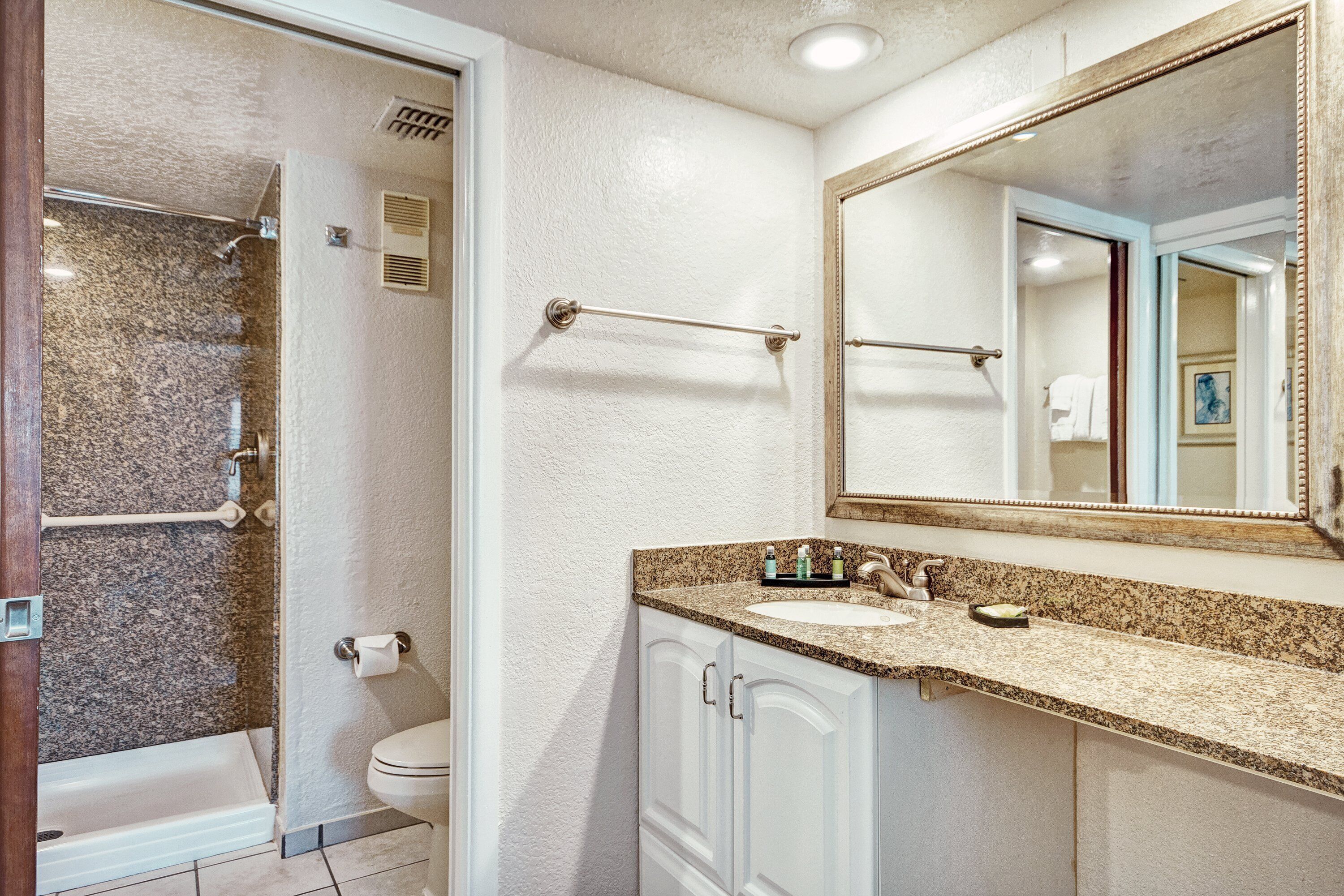 combined shower/bathtub, free toiletries, hair dryer, towels