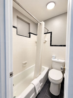 A bathroom with a bathtub, a toilet, and a shower curtain.