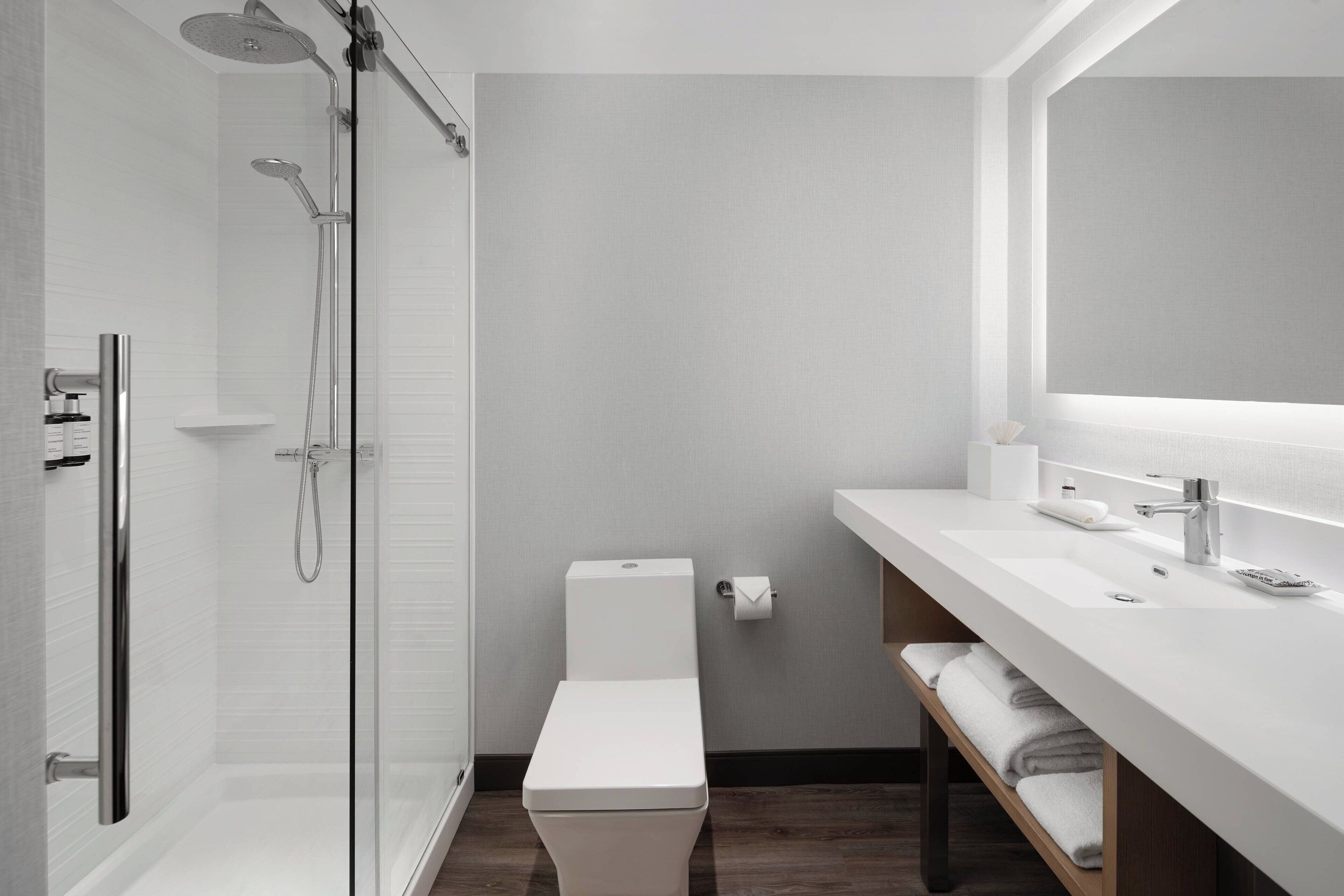 shower, hydromassage showerhead, designer toiletries, hair dryer