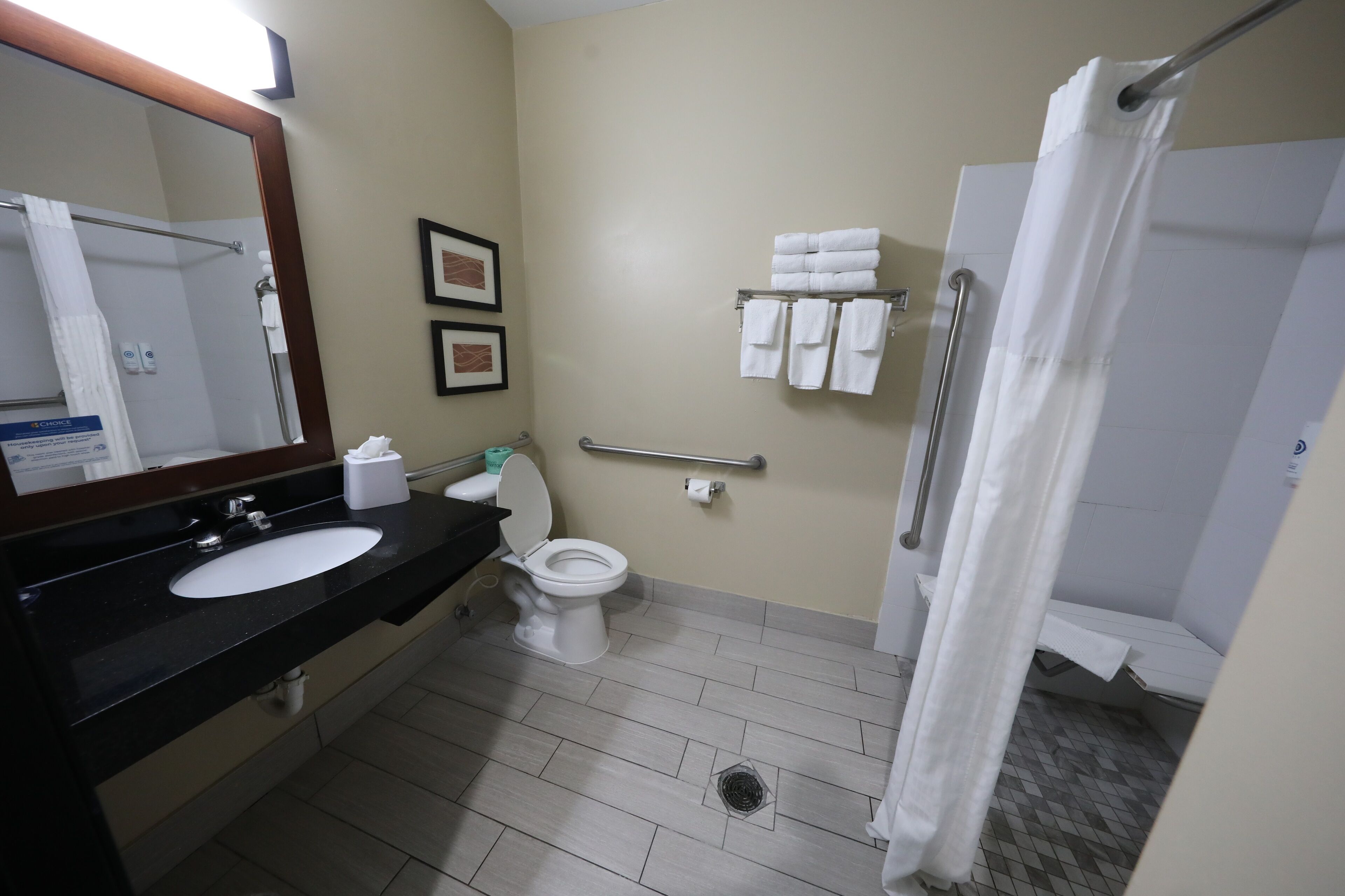 A bathroom with a sink, toilet, and shower. There are towels on a rack and a handrail for accessibility.