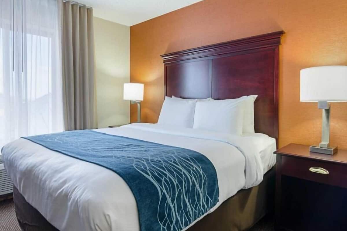 A hotel room with a bed, two bedside lamps, a nightstand, and a window with curtains.