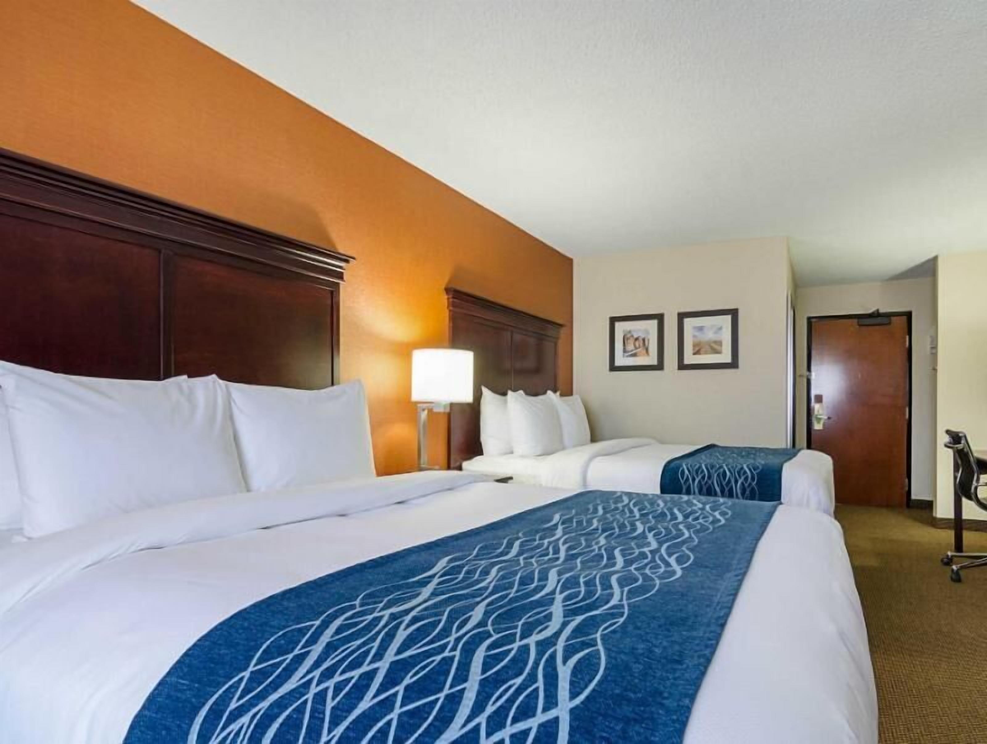 Premium bedding, desk, laptop workspace, blackout curtains