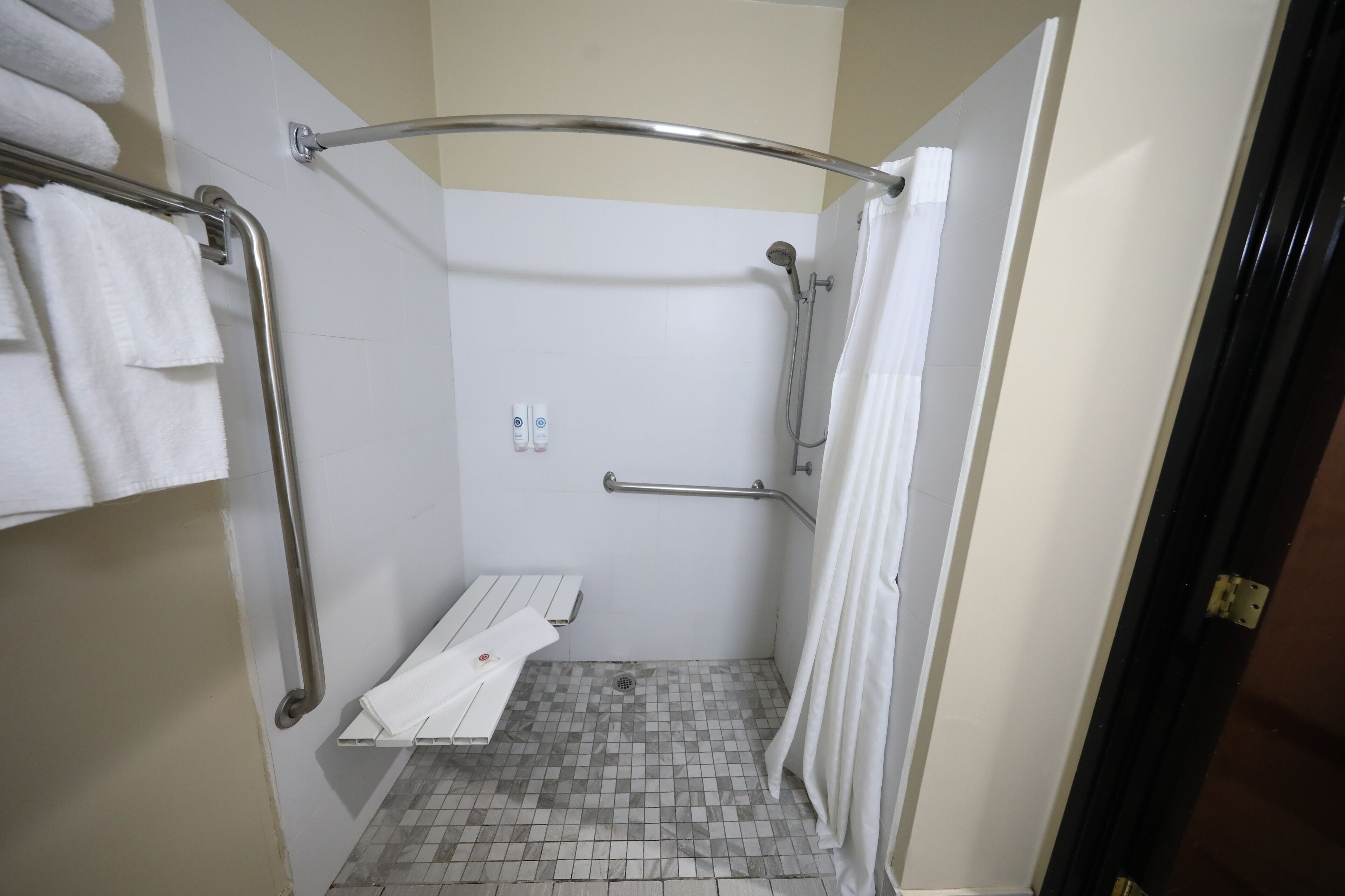 Un espace douche équipé d’une barre d’appui, d’un porte-serviettes blanc et d’un rideau de douche.