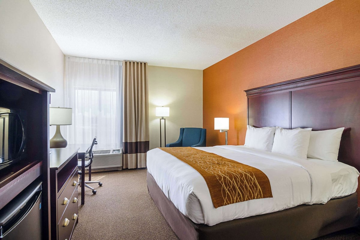 A hotel room with a large bed, a desk with a lamp, a chair, and a television.