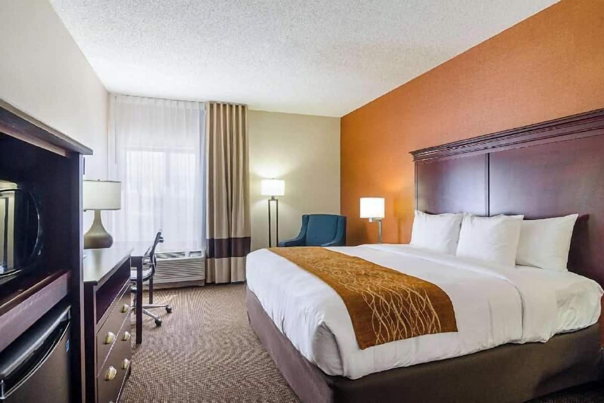 A hotel room with a large bed, a desk with a lamp, a chair, and a television.