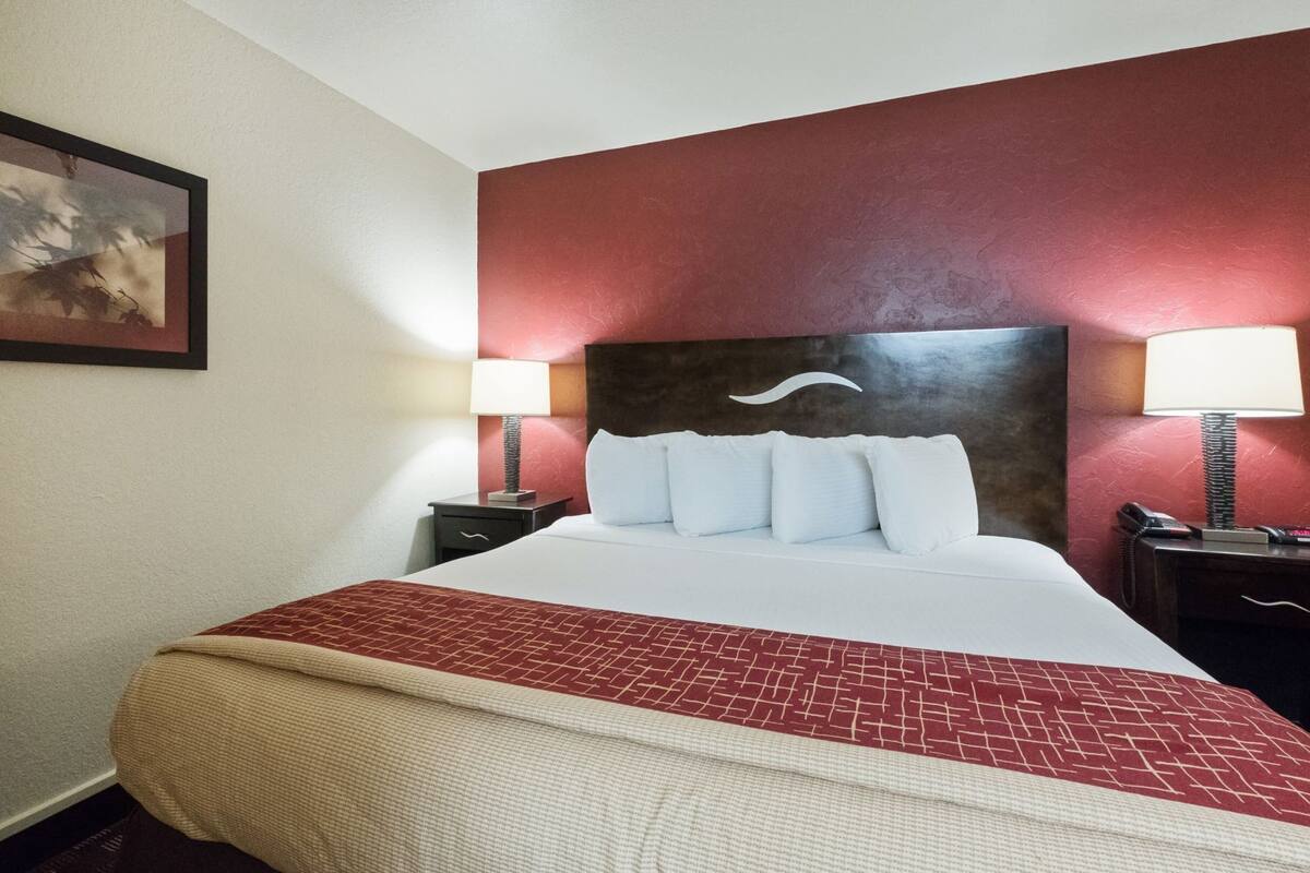 A hotel room with a large bed, two bedside tables with lamps, a headboard with a wave design, and a framed picture on the wall.