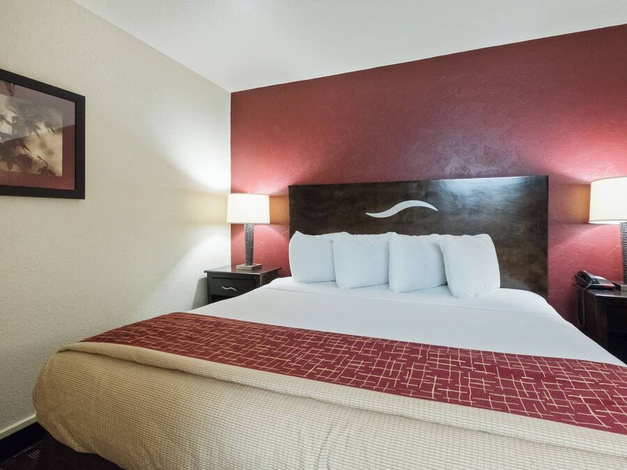 A hotel room with a large bed, two bedside tables, a red accent wall, and a framed picture on the wall.