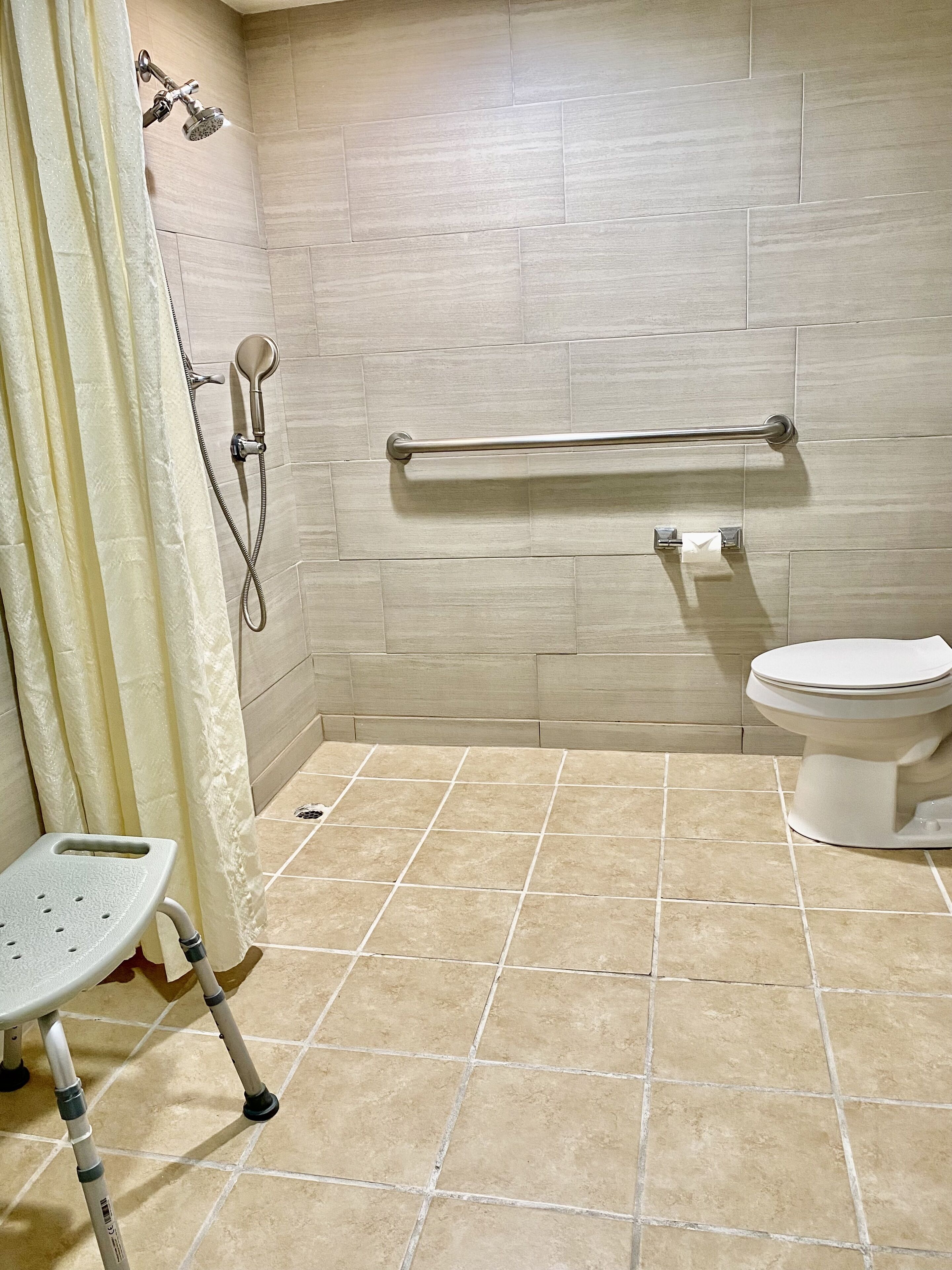 A bathroom with a shower, toilet, and a grab bar.