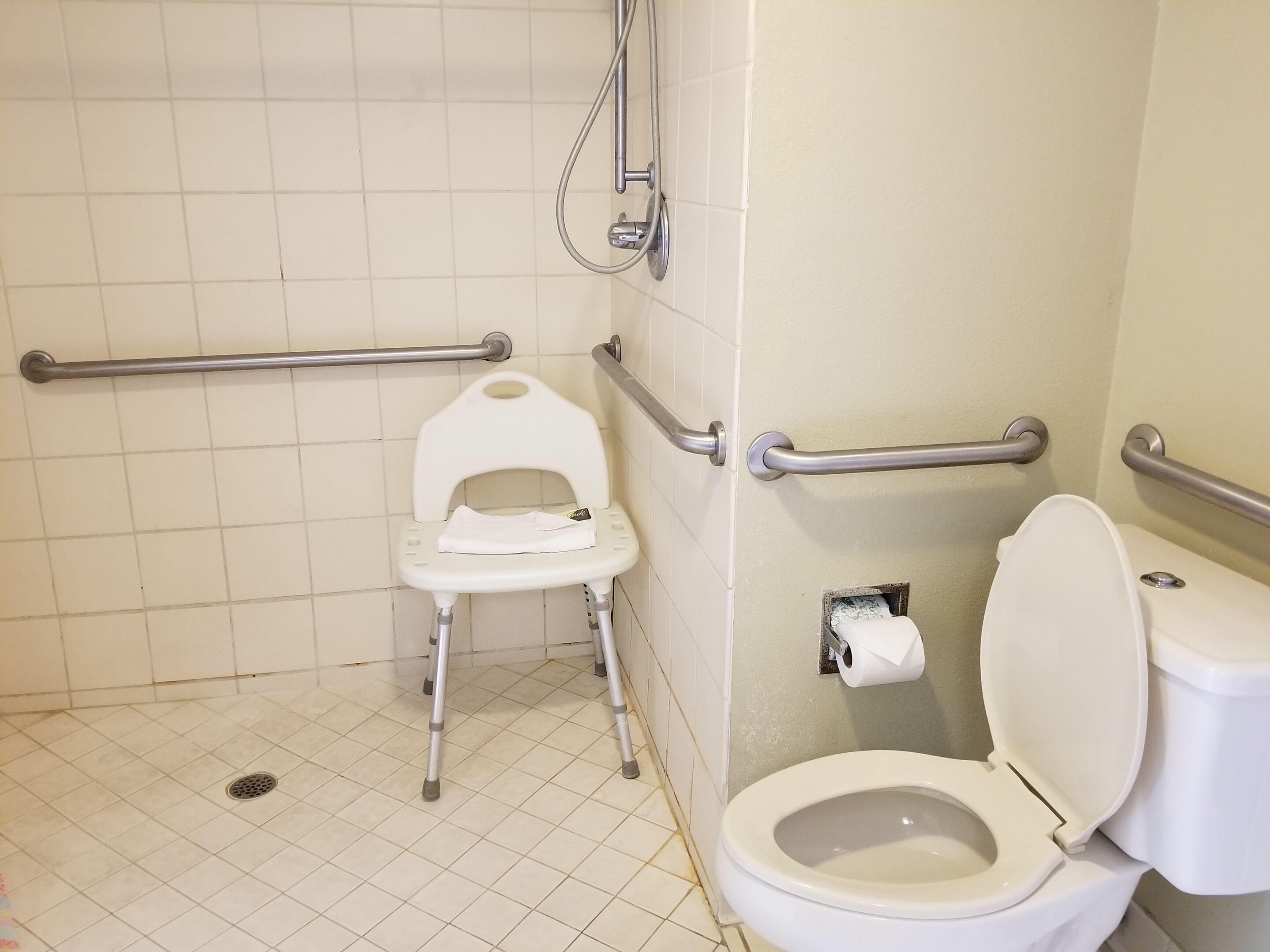Un baño con inodoro accesible para sillas de ruedas, barras de apoyo y zona de ducha.