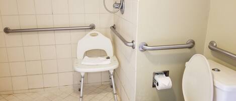 Un baño con inodoro accesible para sillas de ruedas, barras de apoyo y zona de ducha.