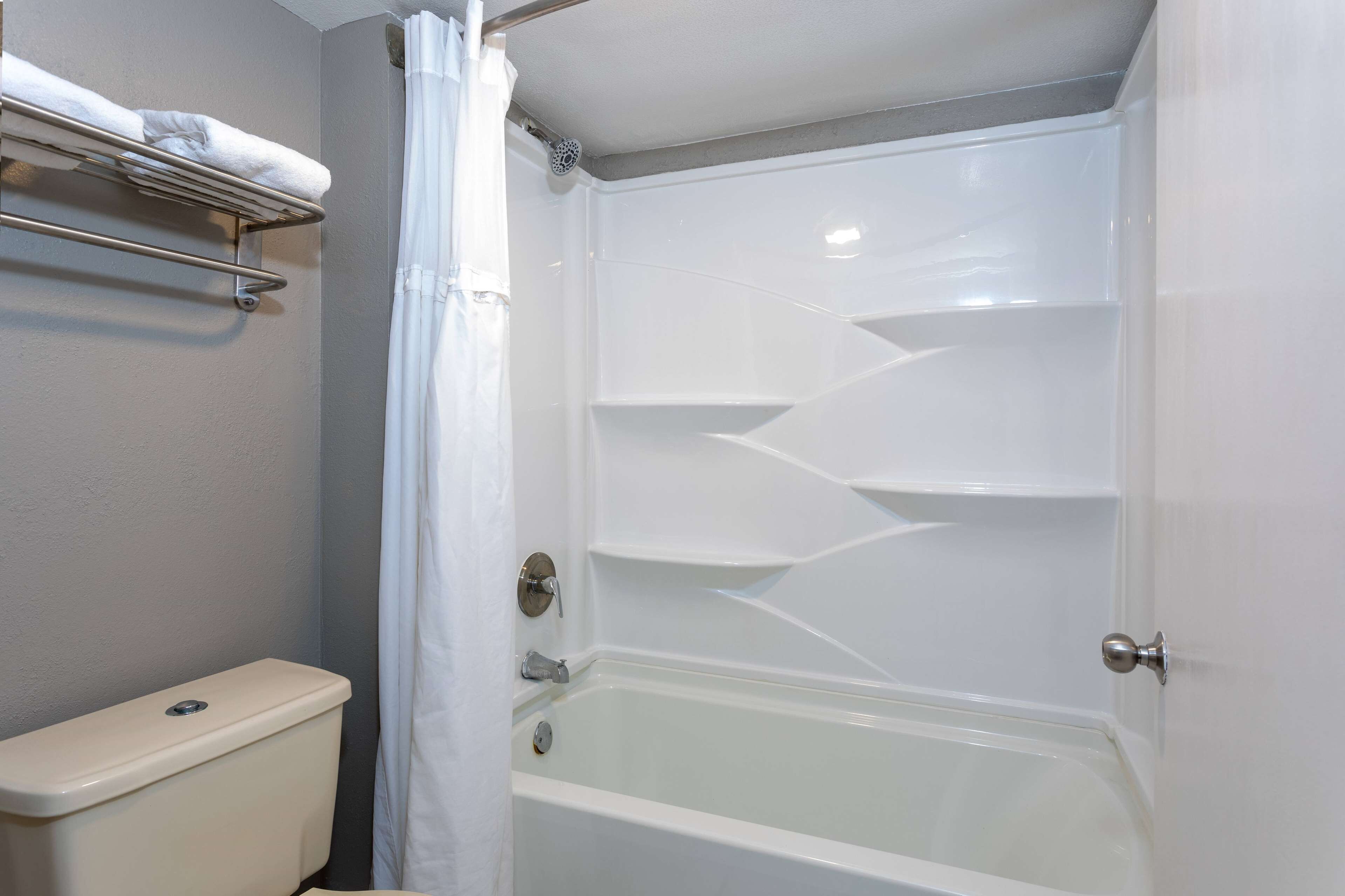 A bathroom with a toilet, a bathtub, and a shower curtain.