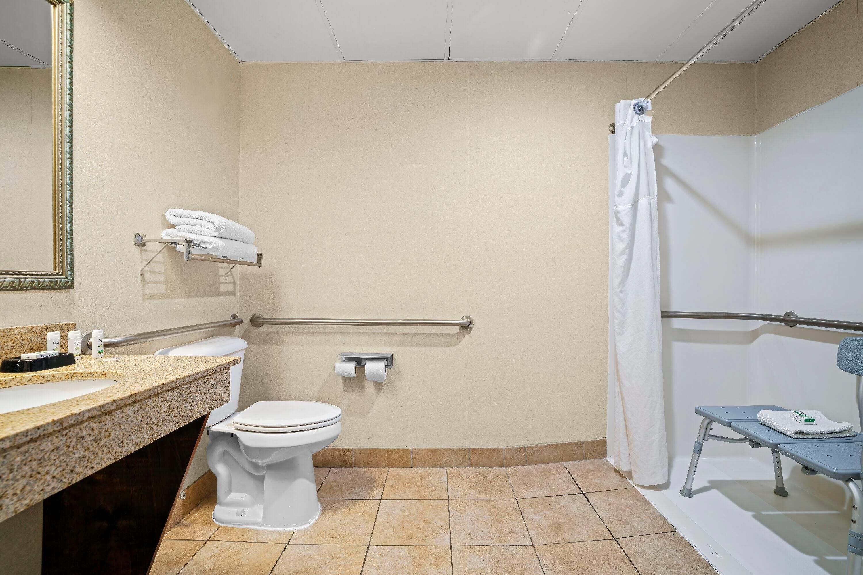 Un baño con inodoro, lavabo, espejo, toallero, ducha y barra de apoyo.
