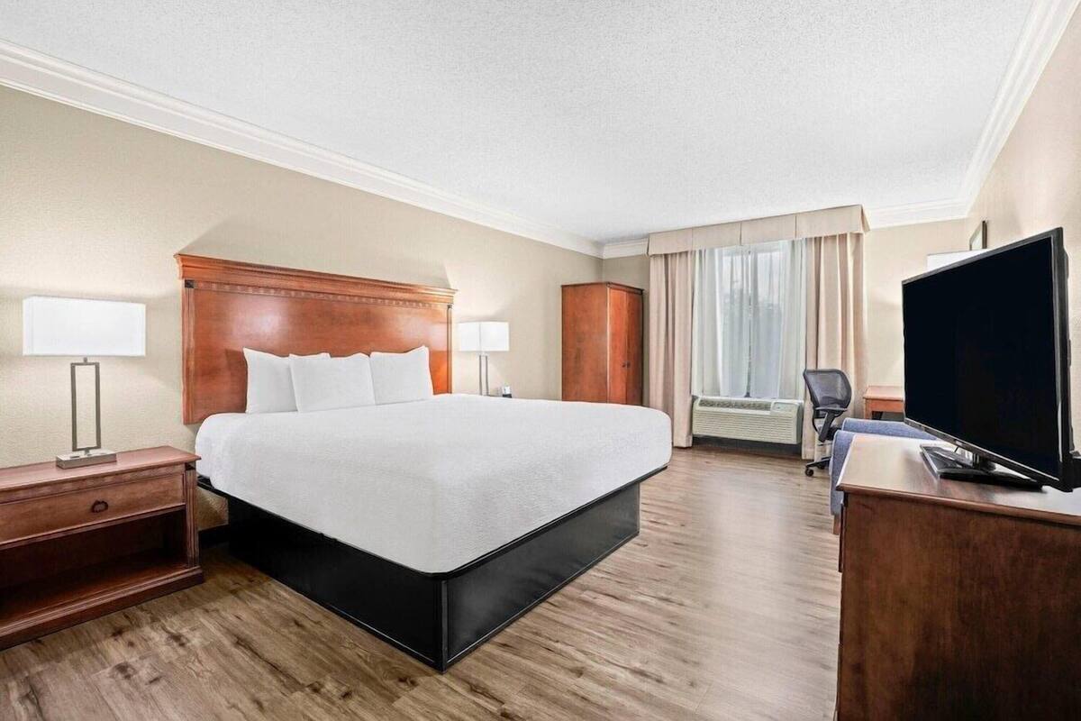 Una habitación de hotel con cama, mesitas de noche, televisor, escritorio y una silla.