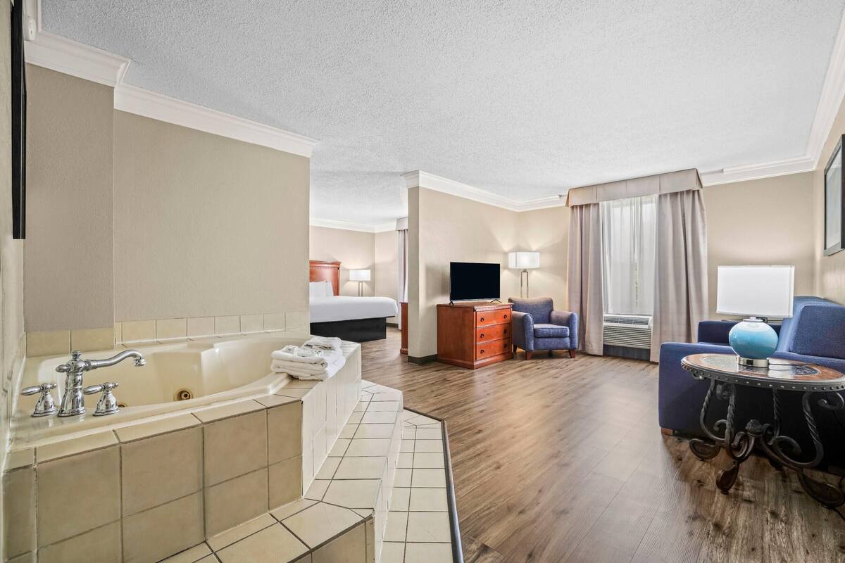 Habitación de hotel con una bañera grande, una cama, un escritorio, una silla y un televisor.