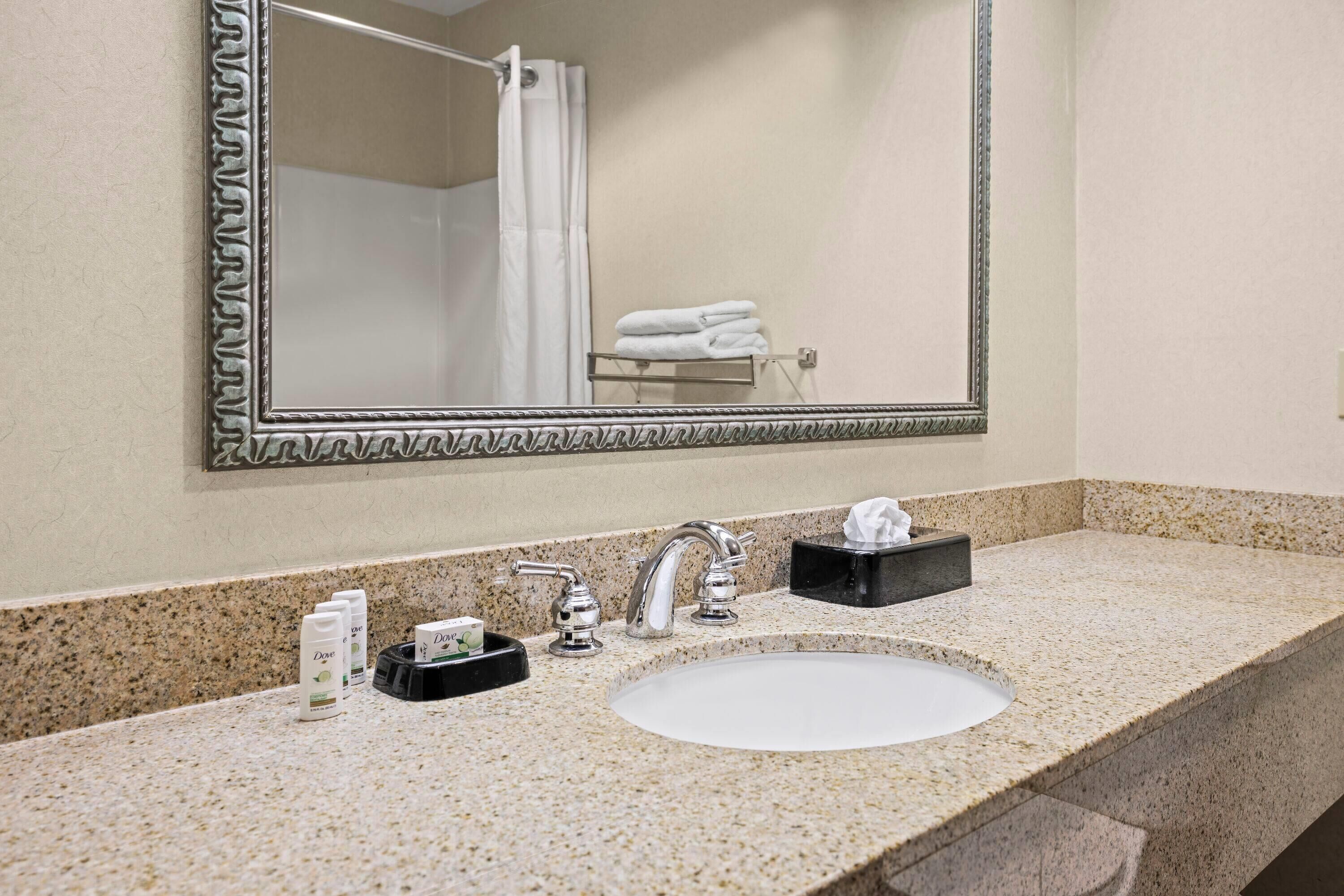 Un bagno con uno specchio grande, un lavandino e una doccia.
