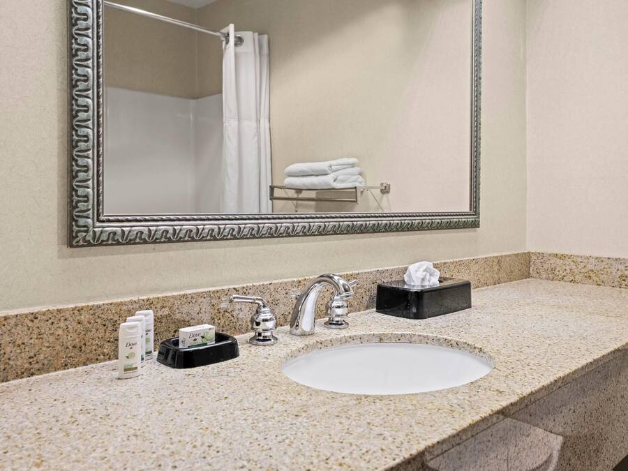 A bathroom with a large mirror, a sink, and a shower.