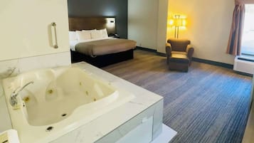 Desk, laptop workspace, blackout curtains, iron/ironing board