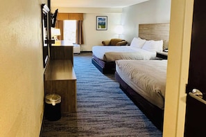 Standard Room, 2 Double Beds, Non Smoking | Desk, laptop workspace, blackout drapes, iron/ironing board