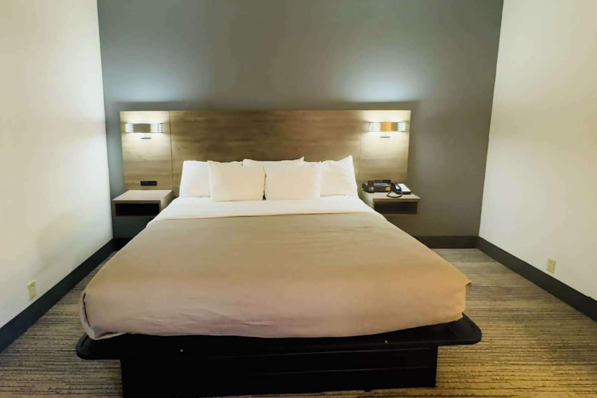 Uma cama bem arrumada com colcha bege e almofadas brancas, uma mesa de cabeceira com abajur, e um luminário fixado na parede.