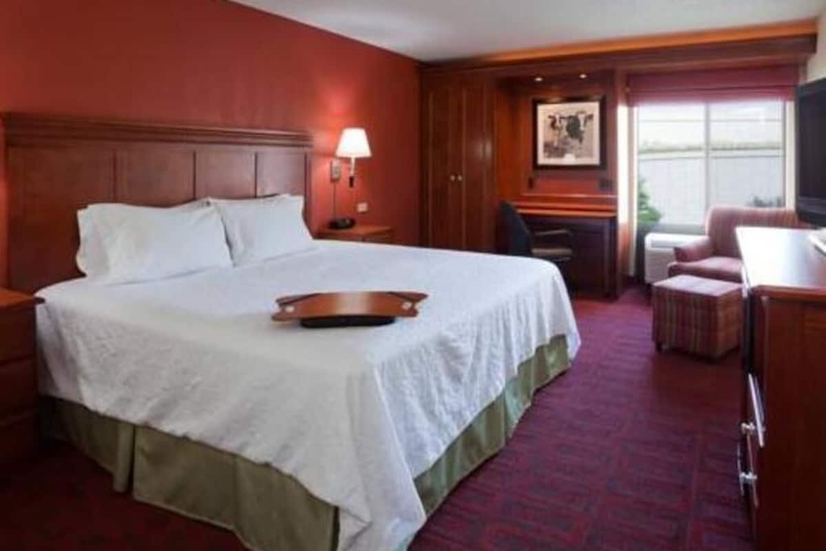 Une chambre d’hôtel avec un grand lit, un bureau, une chaise, une télévision et une fenêtre.