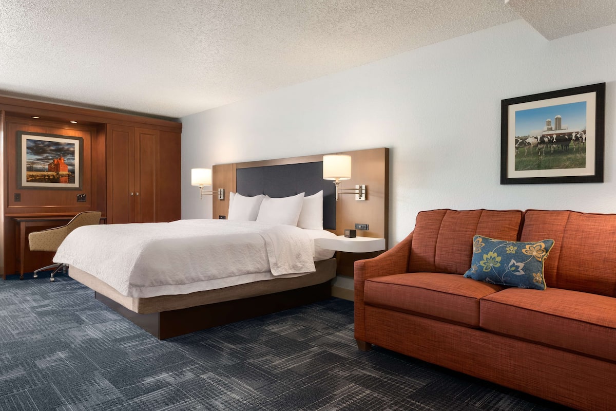 A hotel room with a bed, a sofa, a desk, and a chair.