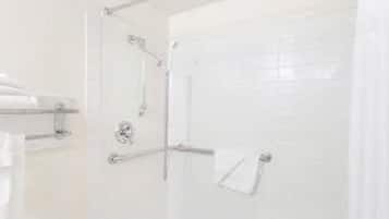 A bathroom with a shower, a towel rack, and a toilet.