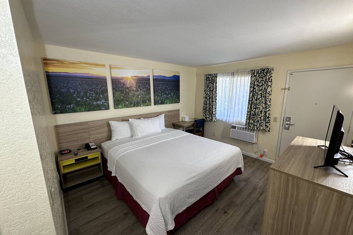A hotel room with a large bed, a desk, a chair, a TV, and a window with curtains.