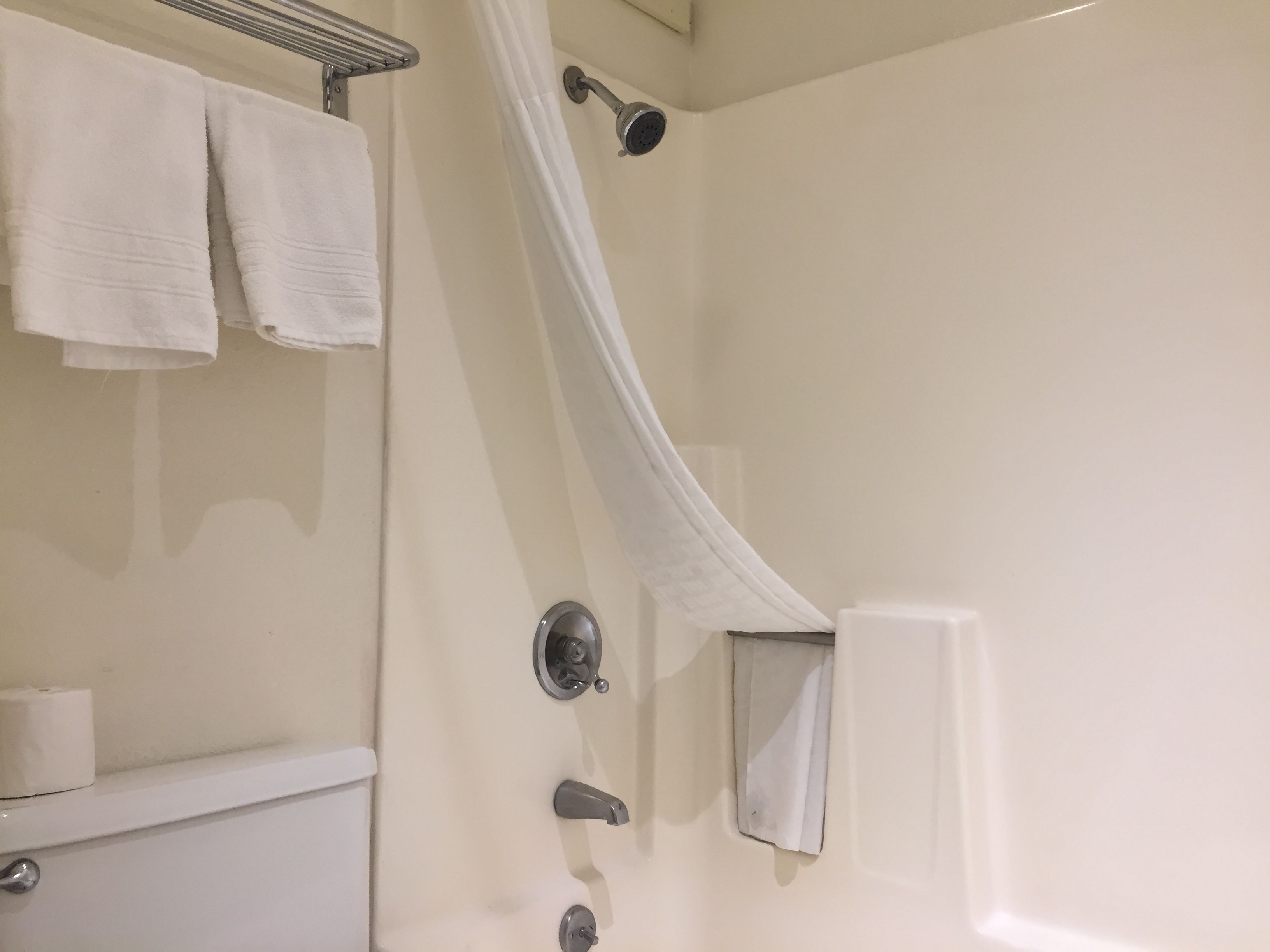 A bathroom with a shower, a towel rack with two towels, a toilet paper holder, and a soap dispenser.